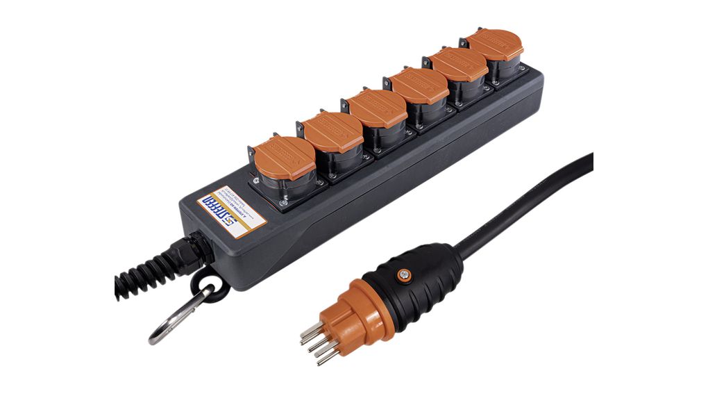 Steckerleiste PROFESSIONAL 6x Schweizer Steckdose Typ J (T15) - Schweizer Stecker Typ J (T15) Schwarz / Orange 5m